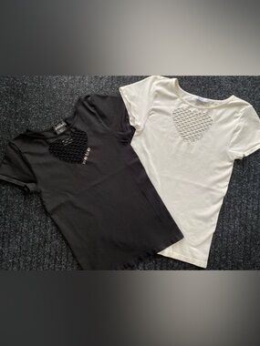 ADORABLE & SEXY! Bebe Black and White Short Sleeve Tees with Heart Mesh Insets